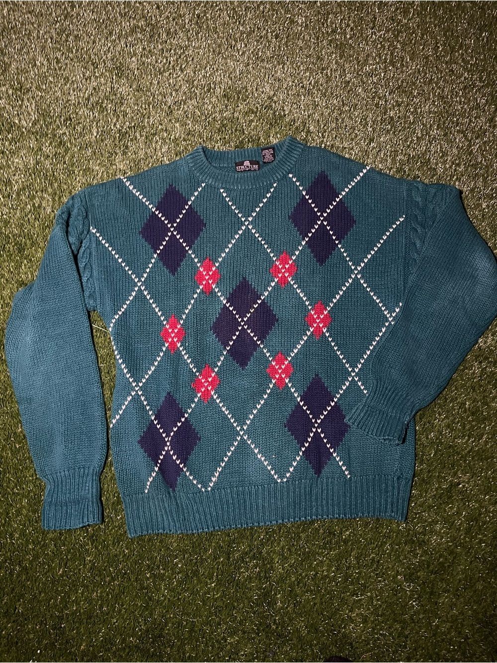 Men’s Large Teal Argyle Crewneck Sweater Grandpa Core Vintage Preppy